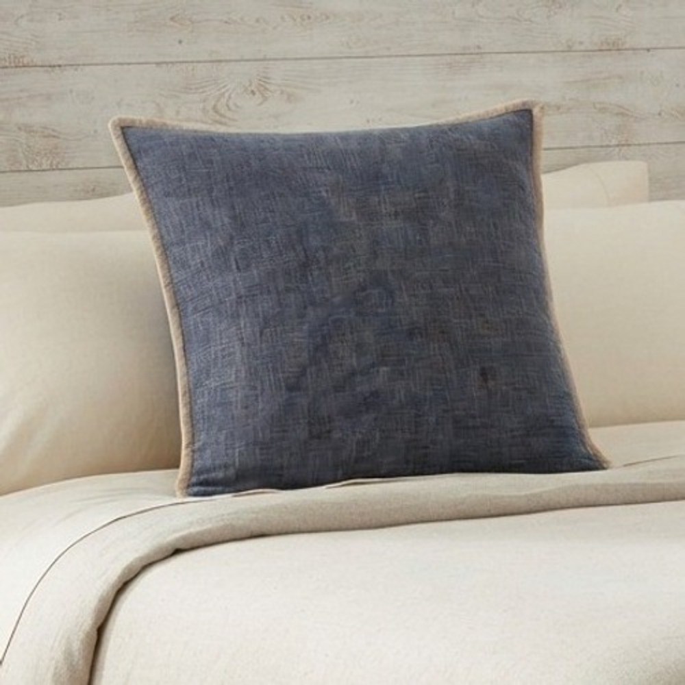Pottery Barn Throw Pillow Cover Blue Woven Cotton Contrast Trim 20x20 coastal